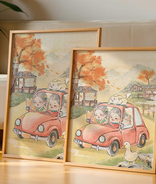 Charmante Landfahrt mit verspielten Charakteren und herbstlicher Landschaft