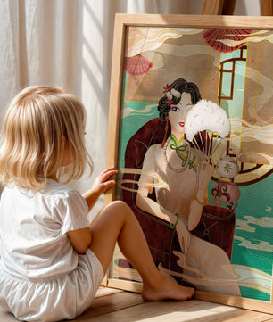 Œuvre d'art élégante d'inspiration asiatique vintage représentant une femme avec un éventail