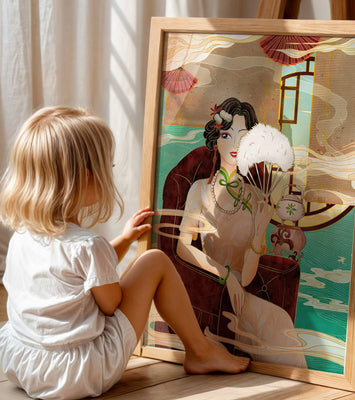 Elegant vintage Asian-inspired artwork featuring a woman with a fan