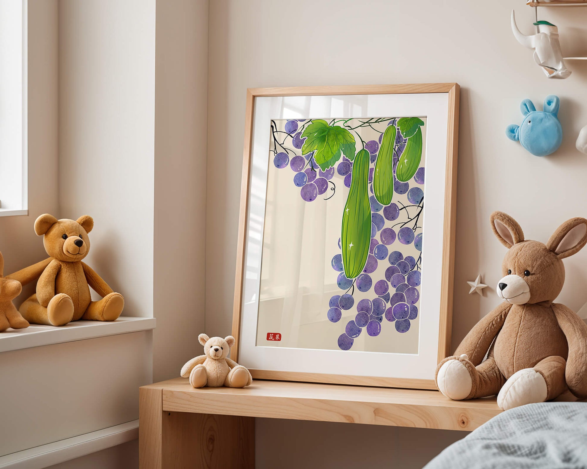 Ilustración de uvas y pepino con colores vibrantes y hojas