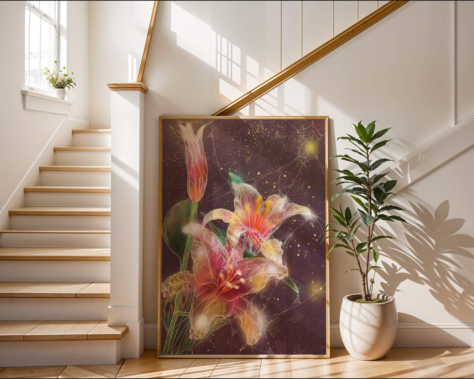 Elegant Floral Composition with Intricate Details and Golden Accents