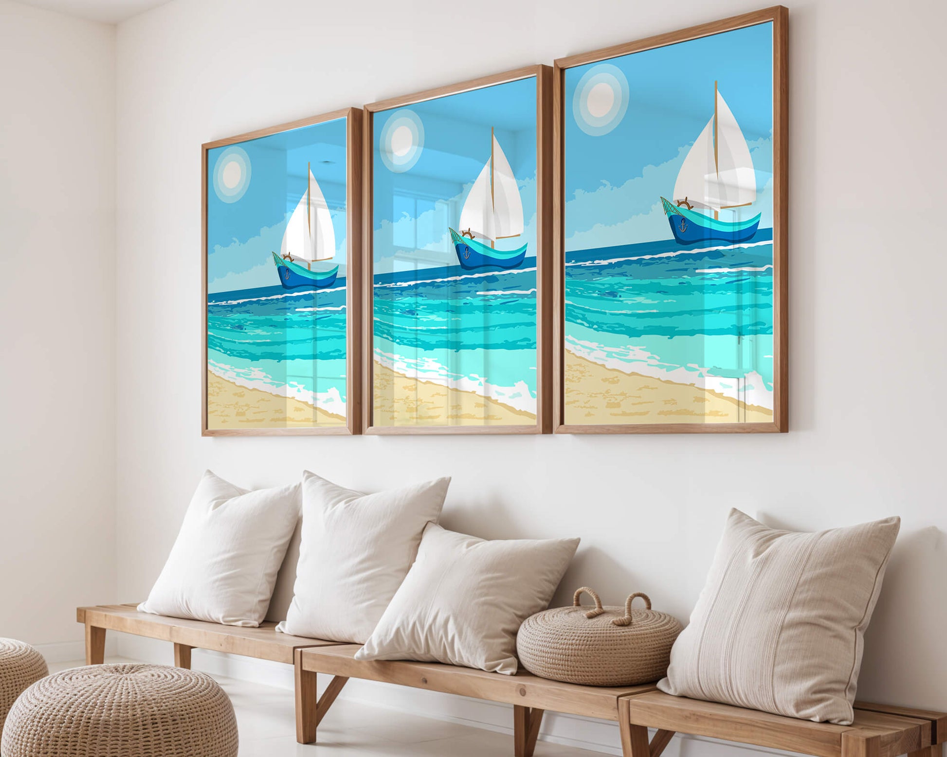 Serene ocean scenery with sailboat under the sun