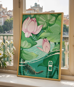 Illustration nature sereine avec fleurs de lotus et vie aquatique