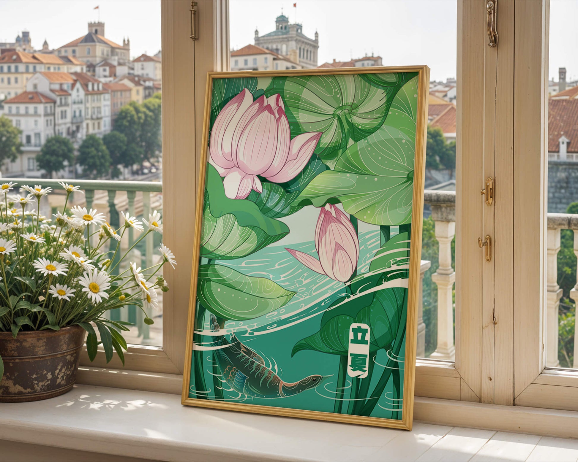 Ilustración de la naturaleza serena con flores de loto y vida acuática