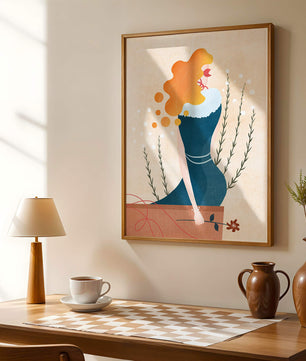 Woman with Floral Decor and Flowing Hair in Minimalist Art - Mi tienda