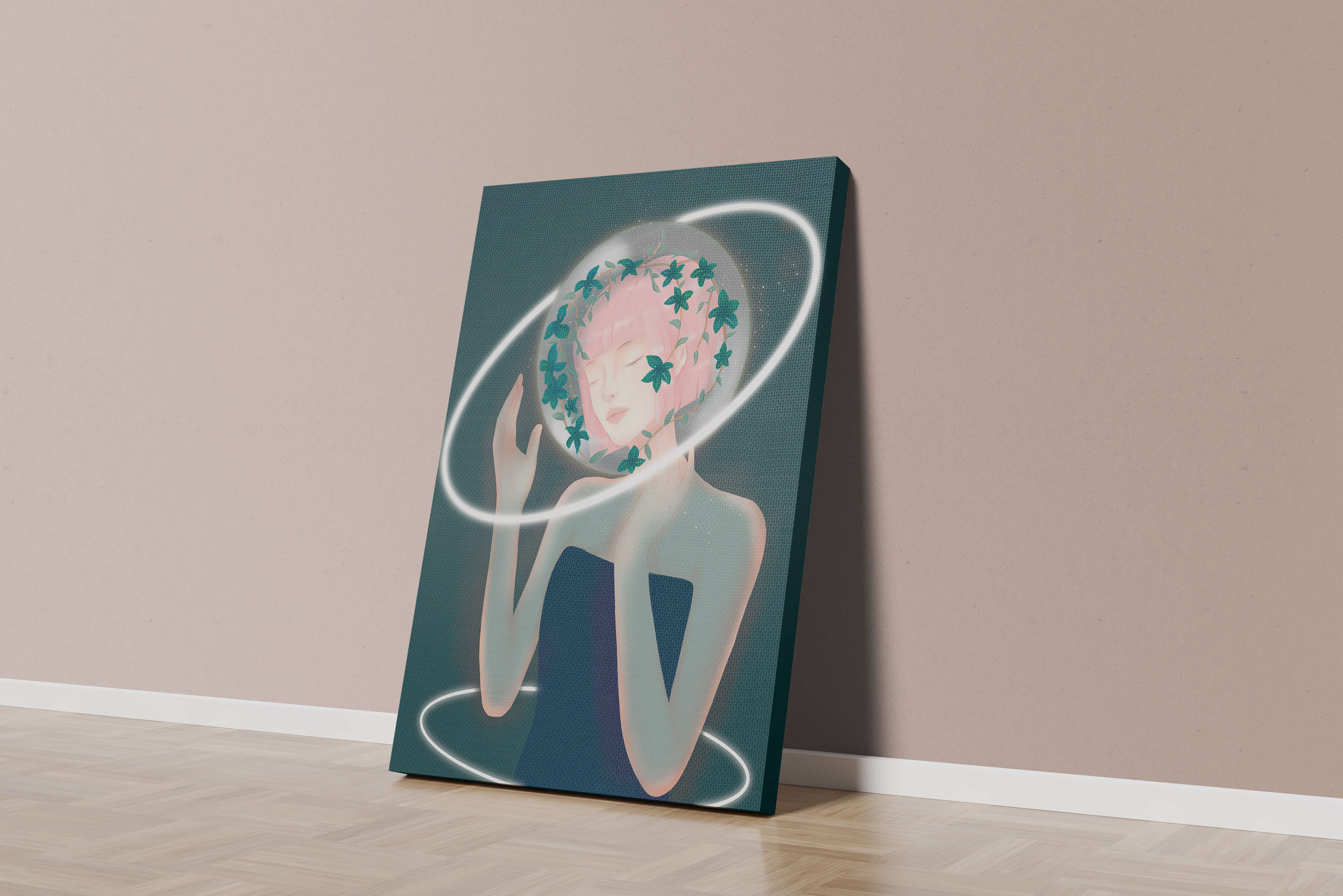 Dreamlike fantasy portrait with ethereal pink-haired figure