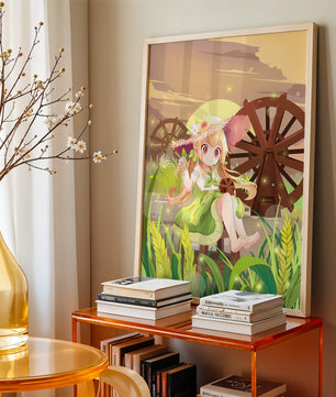 Enchanted countryside scene with a cute character and vibrant nature