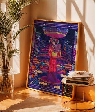 Futuristic Asian Inspired Artwork with Neon Colors and Geisha in Traditional Attire