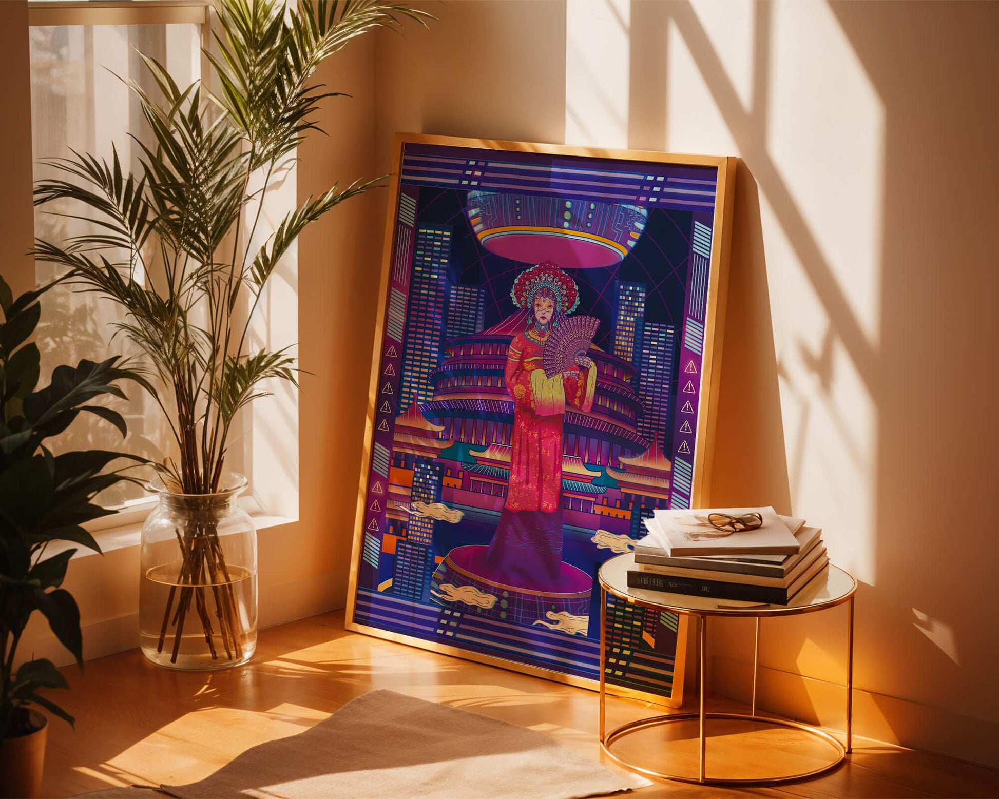 Futuristic Asian Inspired Artwork with Neon Colors and Geisha in Traditional Attire