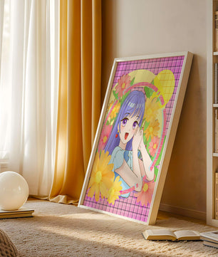 Anime-Mädchen mit leuchtenden Blumen und lila Haaren auf buntem Hintergrund