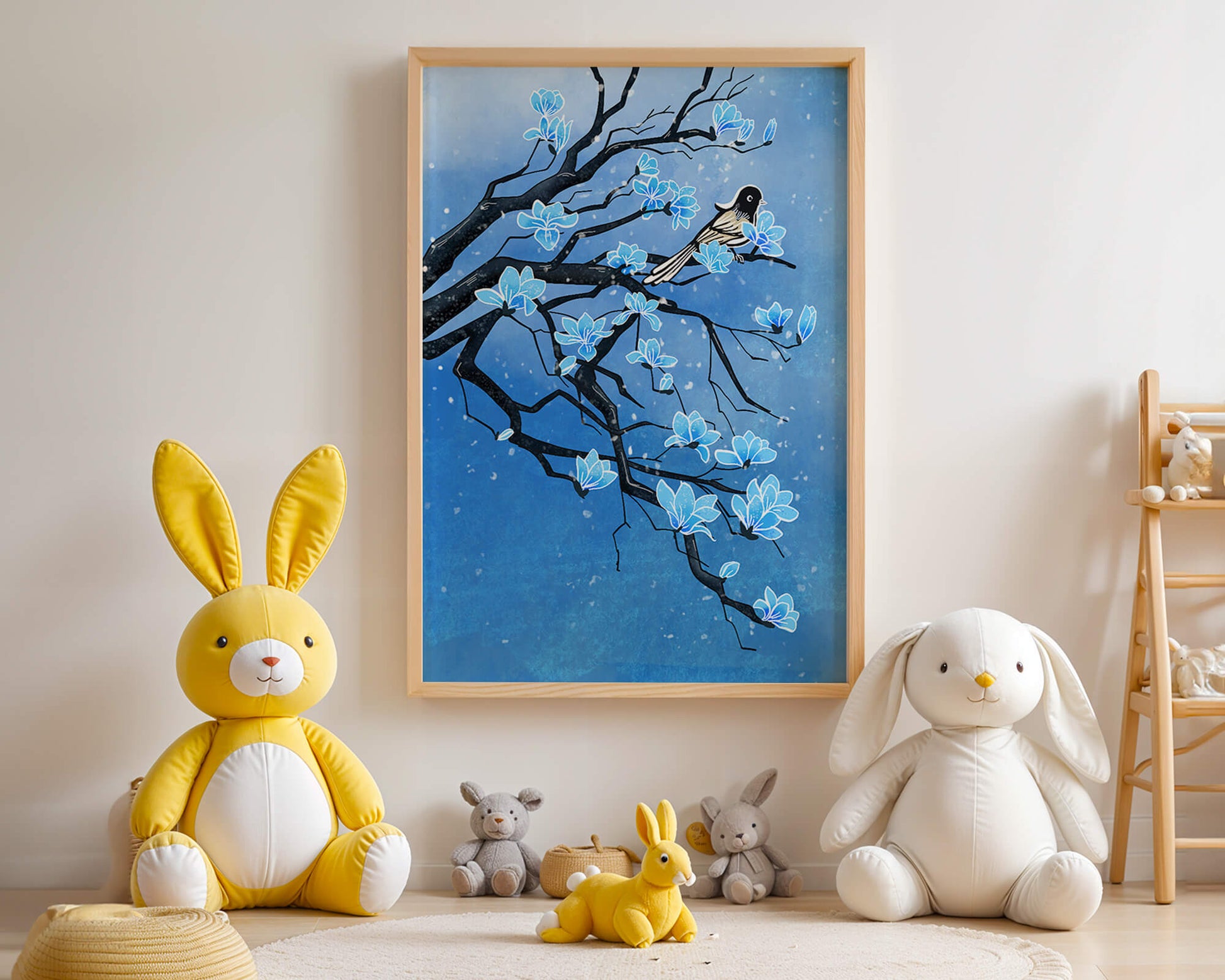 Bird on a branch with blue flowers against a snowy background