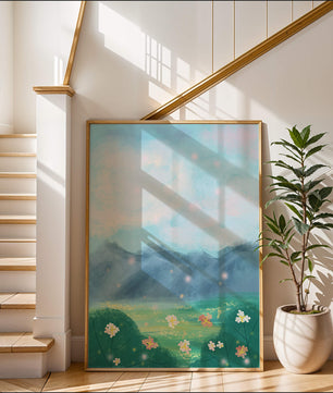 Serene Landscape with Blooming Flowers and Majestic Mountains