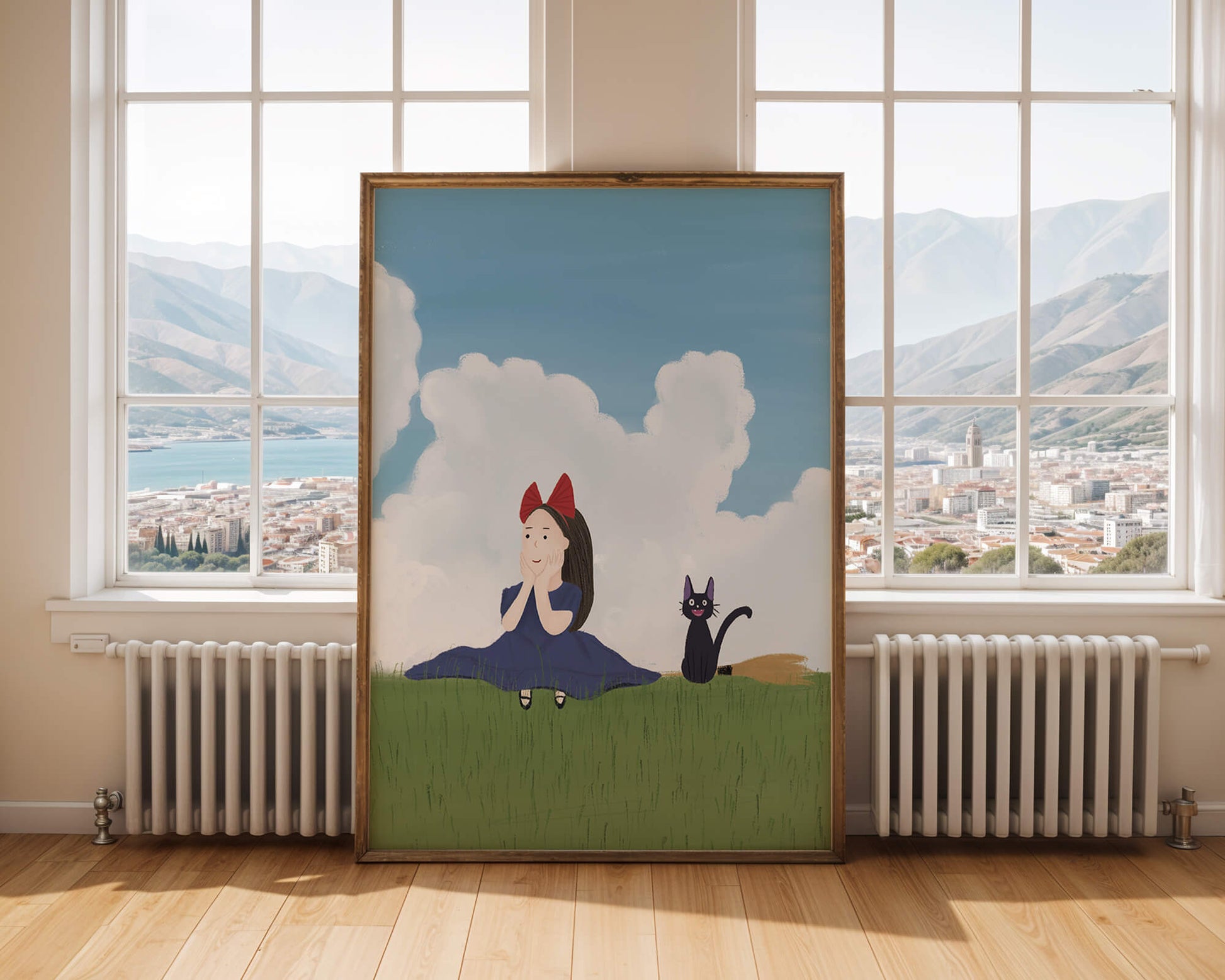 Girl with Red Bow and Cat in Lush Green Meadow