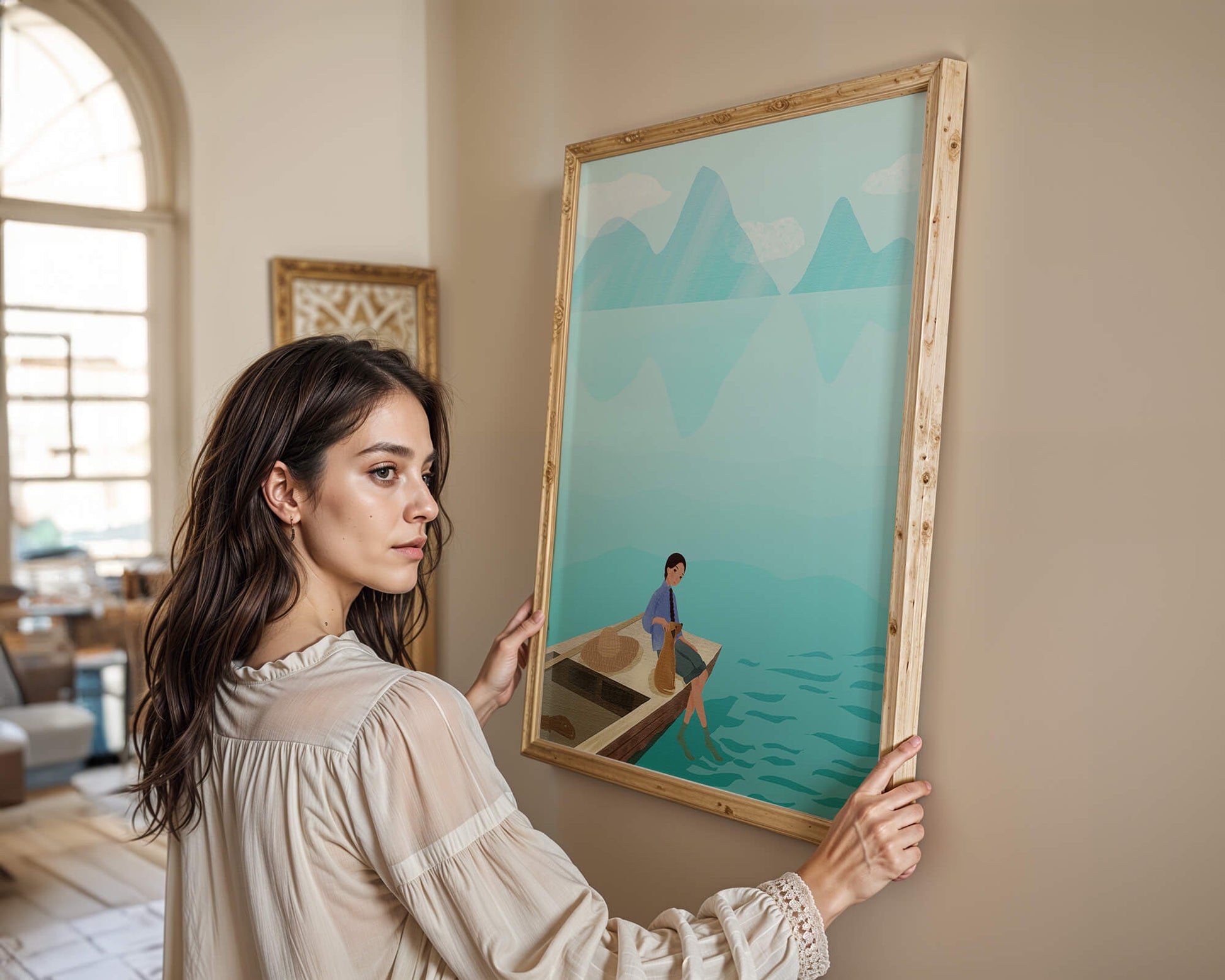 Serene scene with woman and dog on a boat by tranquil waters