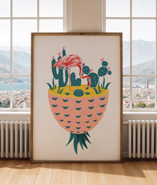 Ilustración de flamenco con cactus en jarrón de piña