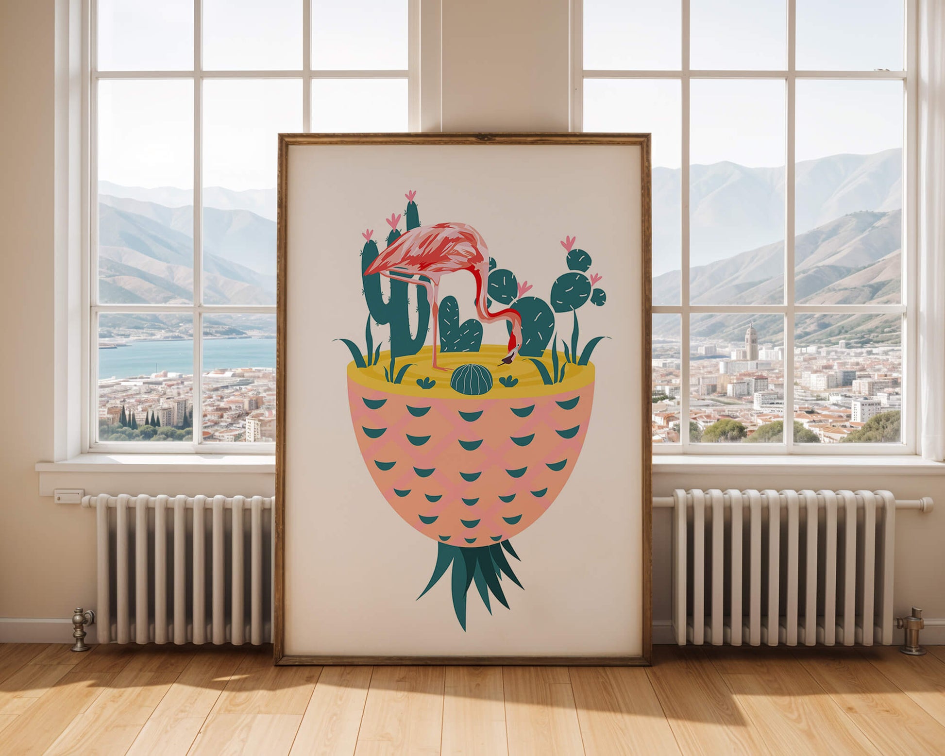 Ilustración de flamenco con cactus en jarrón de piña