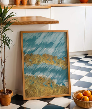 Pintura abstracta con textura dorada y fondo azul
