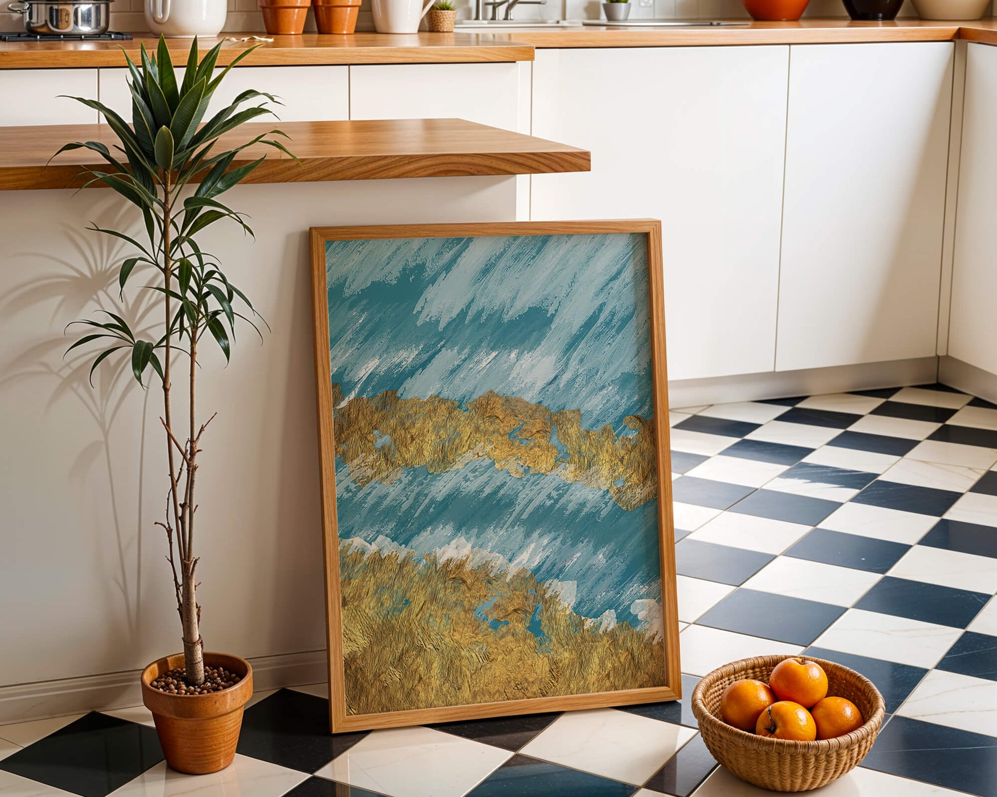 Abstract painting with gold texture and blue background