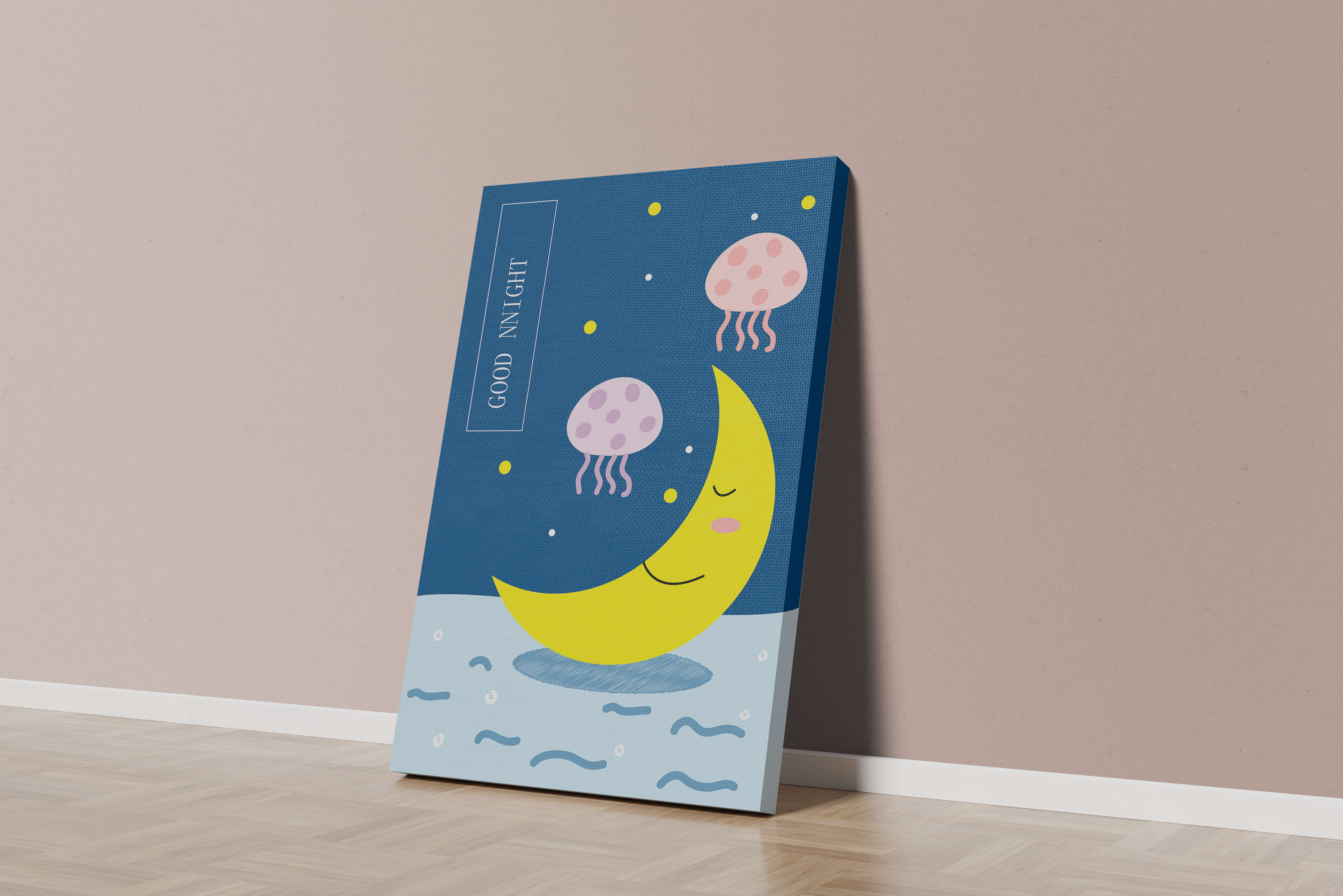 Whimsical night scene with a smiling moon and playful jellyfish
