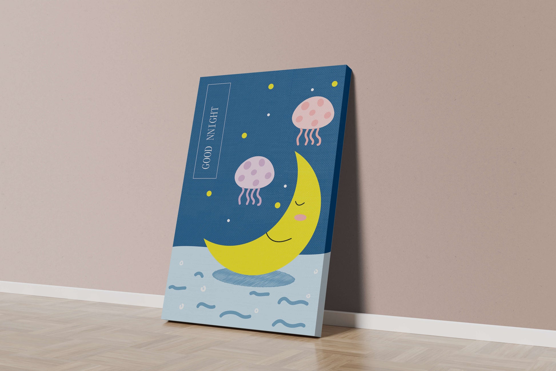 Whimsical night scene with a smiling moon and playful jellyfish