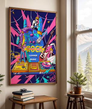 Ilustración temática vibrante de música rock con instrumentos y artistas