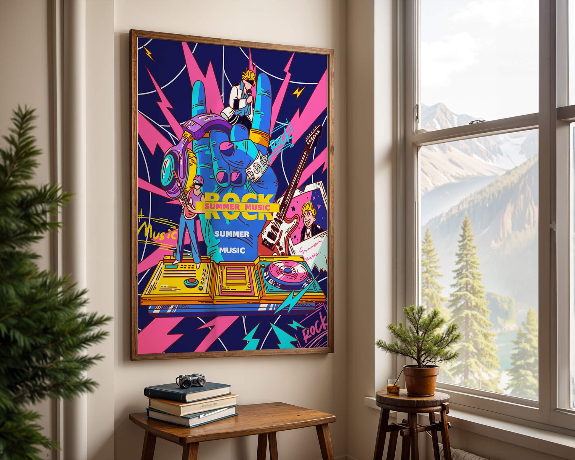 Ilustración temática vibrante de música rock con instrumentos y artistas