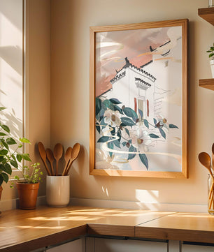 Escena arquitectónica serena con flores y cielo de atardecer
