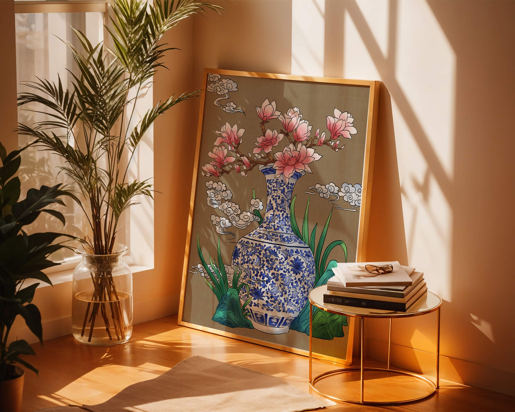 Elegante arreglo floral en jarrón de porcelana azul y blanca con magnolias.
