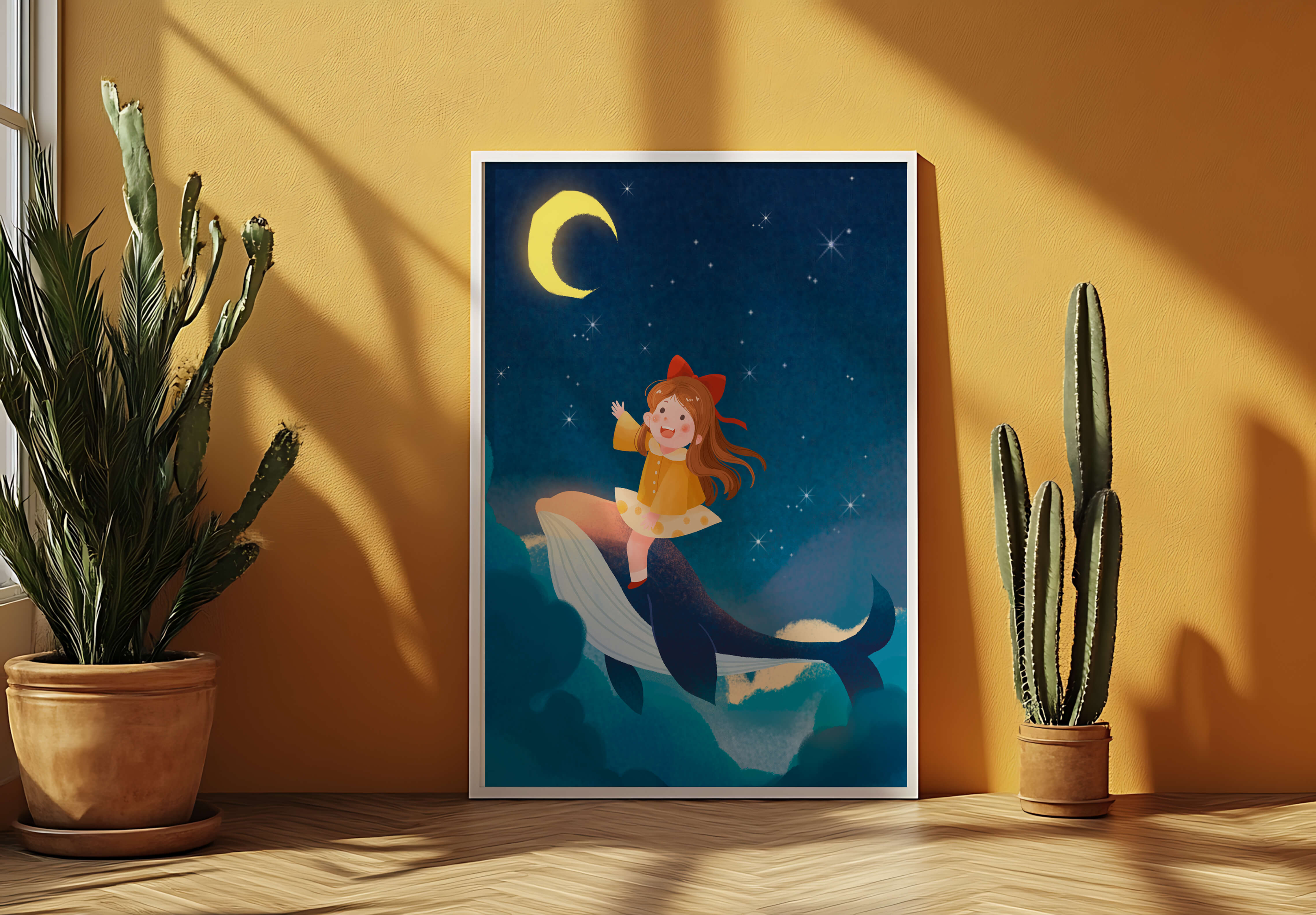 Girl on a whale under starry night sky