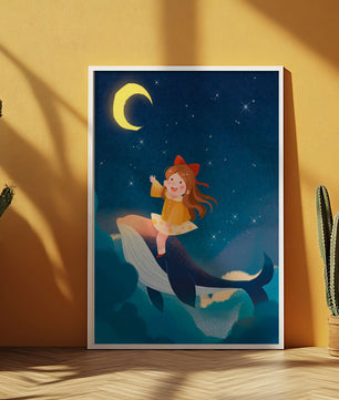 Girl on a whale under starry night sky