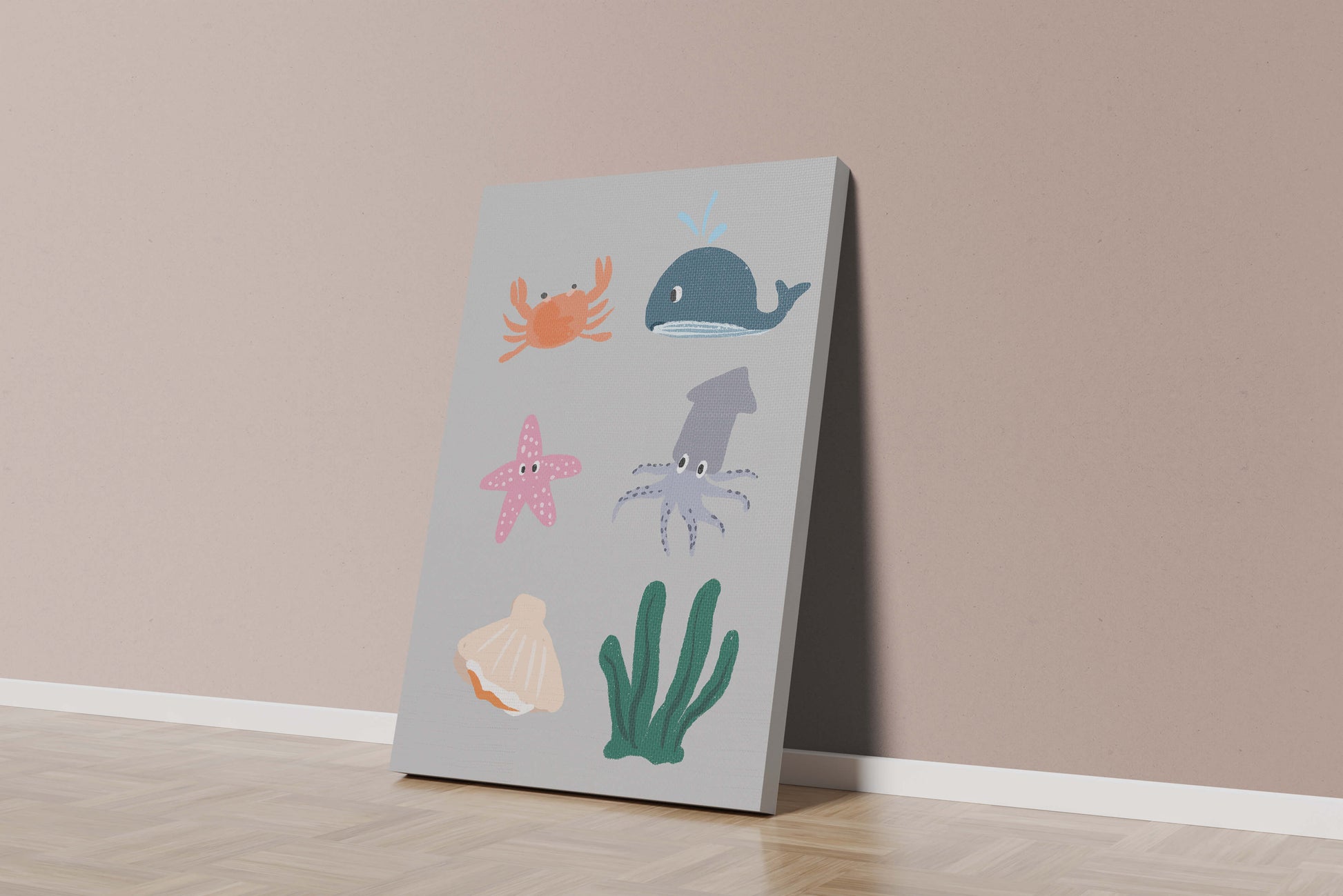 Illustration of whimsical sea creatures and marine elements on a grey background