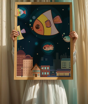 Poisson de dessin animé flottant au-dessus d'une ville nocturne avec des étoiles