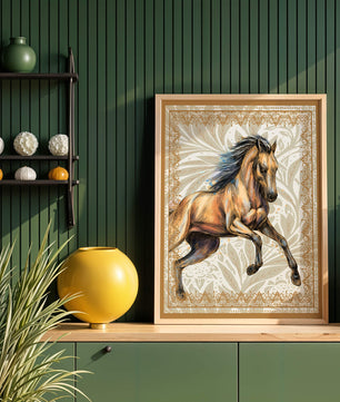 Elegant horse illustration with ornate golden frame