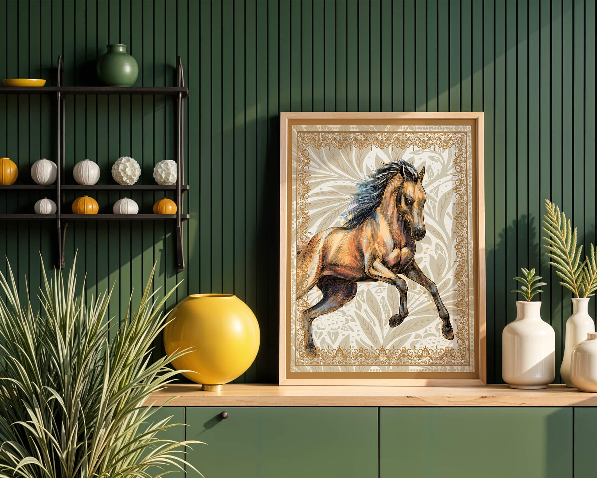 Elegant horse illustration with ornate golden frame