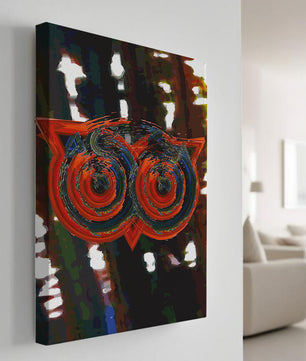 Abstract artwork featuring colorful geometric owl design
