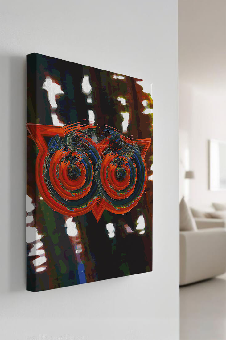 Abstract artwork featuring colorful geometric owl design