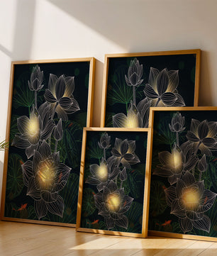 Beautiful lotus flowers with glow effect and koi fish - Mi tienda