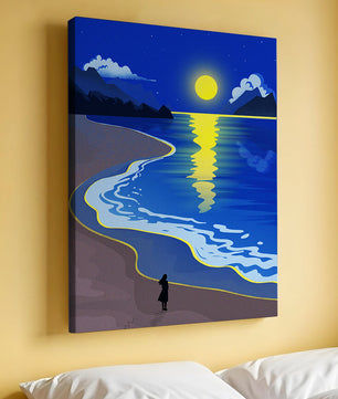 Plage au clair de lune avec montagnes et reflets sous le ciel nocturne