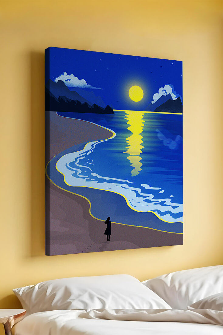 Moonlit Beach with Mountains and Reflections Under Night Sky