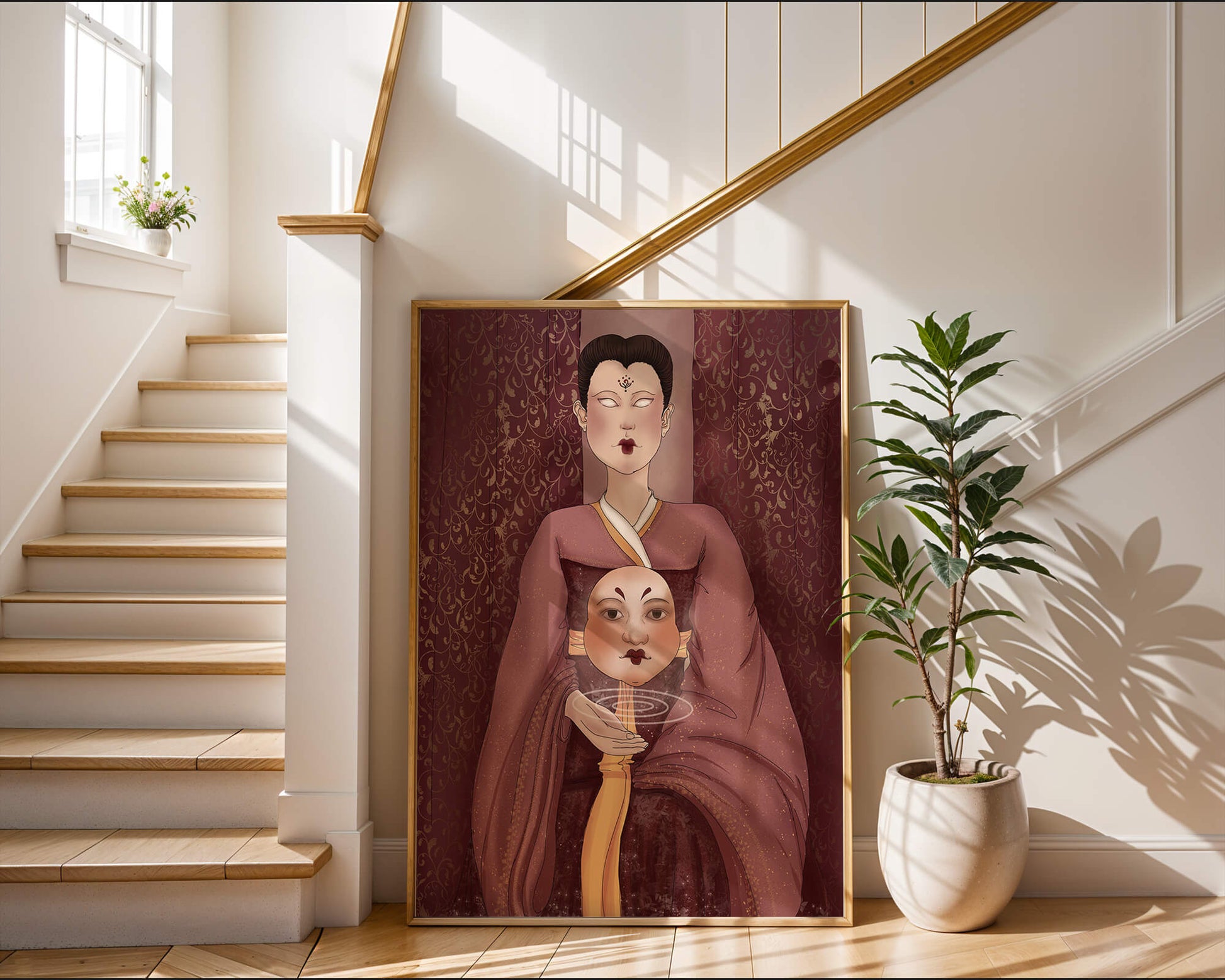 Ilustración de una figura mística con máscara y fondo ornamentado