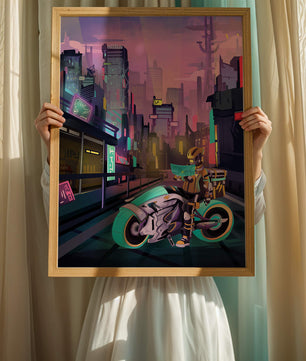 Futuristic Cyberpunk Cityscape with Neon Rider and Motorcycle