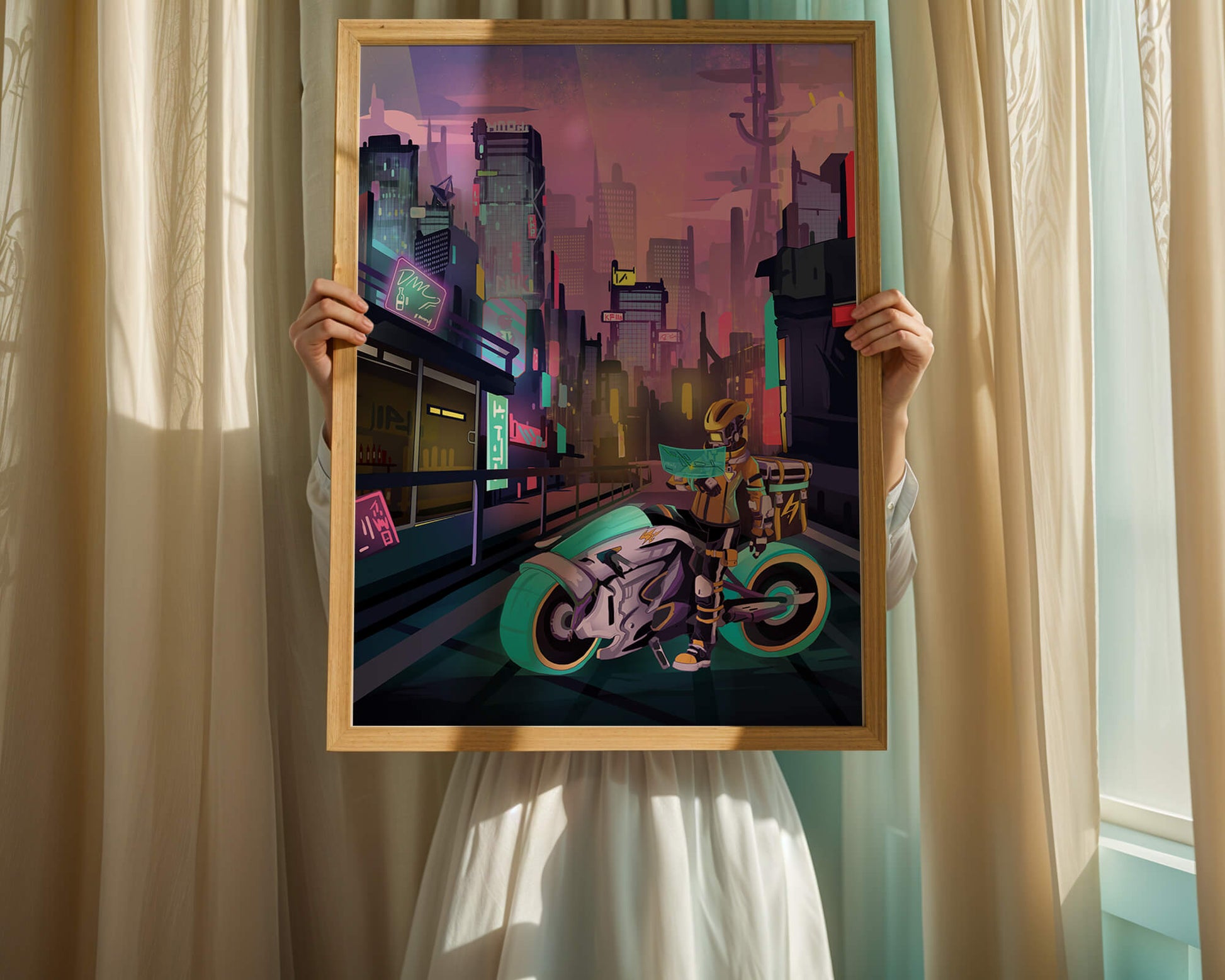 Futuristic Cyberpunk Cityscape with Neon Rider and Motorcycle