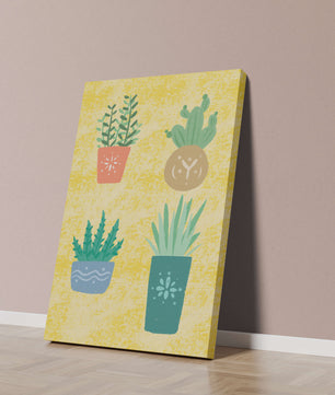 Illustrated potted plants on textured yellow background