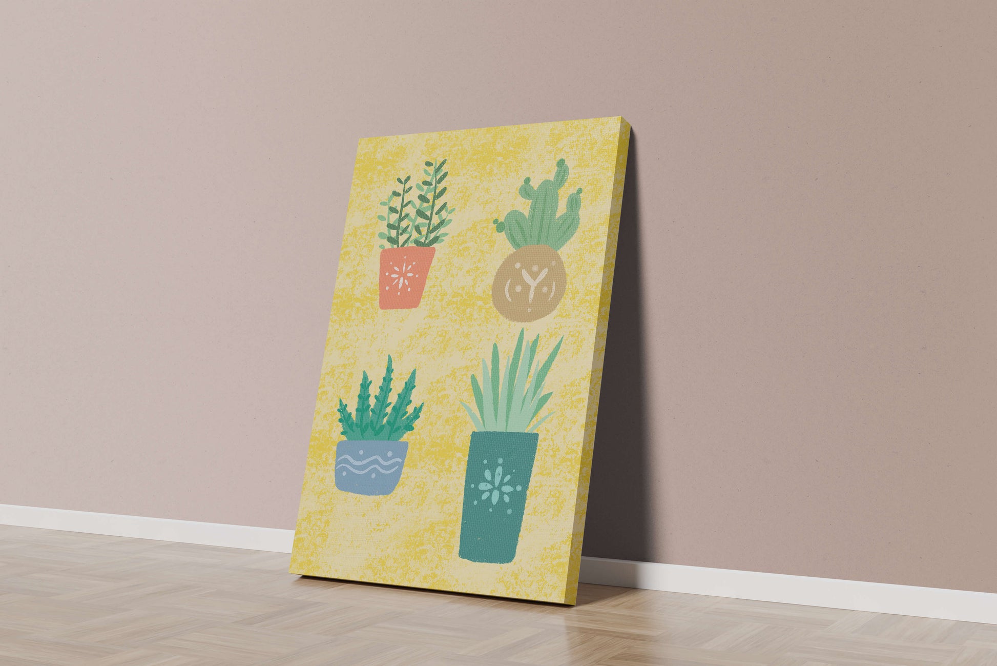 Illustrated potted plants on textured yellow background