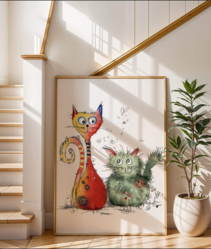 Ilustración artística colorida de dos gatos juguetones sobre fondo blanco