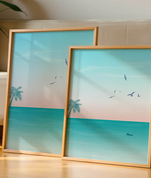 Serene Beach Landscape with Palm Trees and Seagulls at Sunset