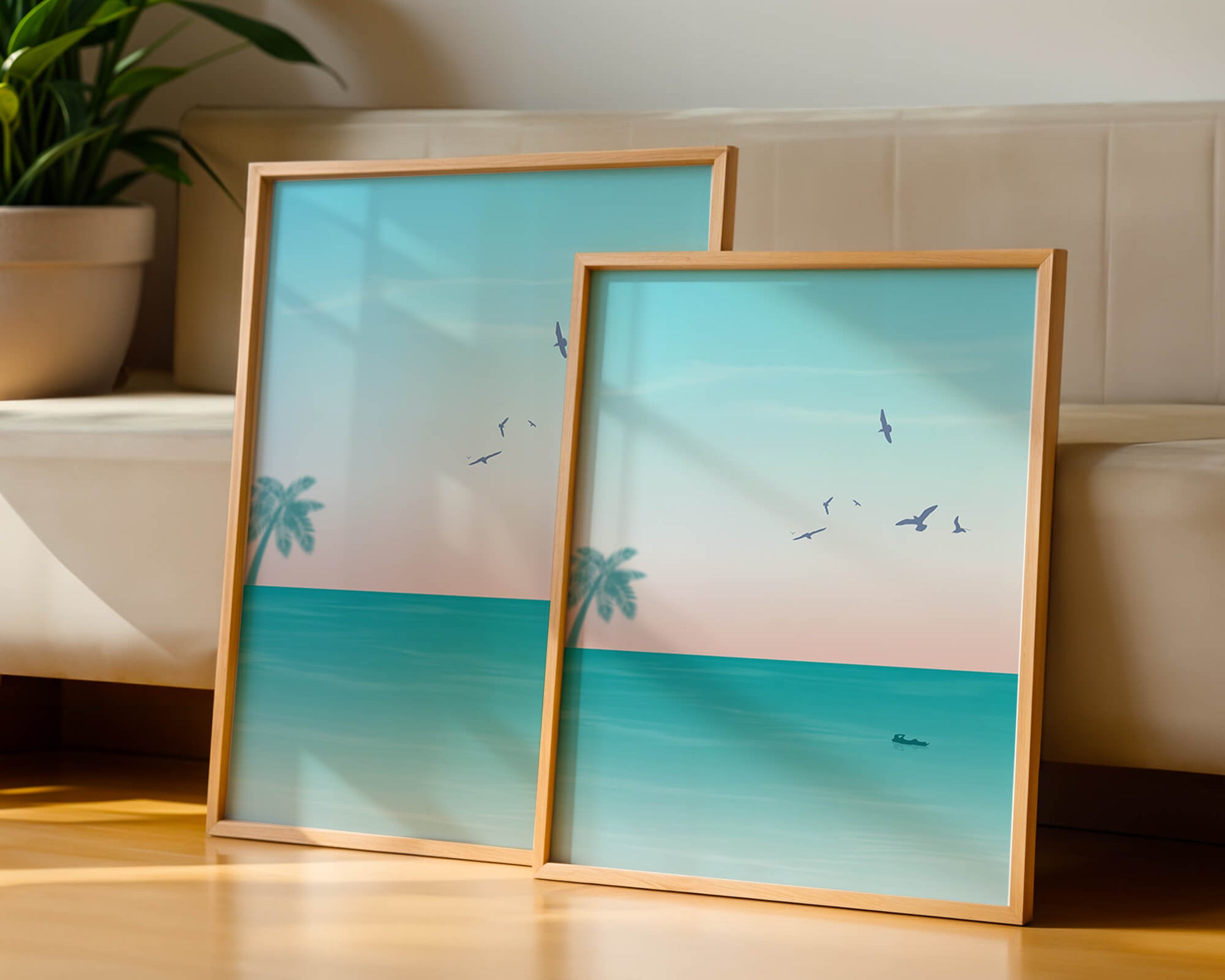 Serene Beach Landscape with Palm Trees and Seagulls at Sunset