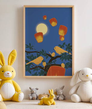 Lanterns and Birds Under the Night Sky