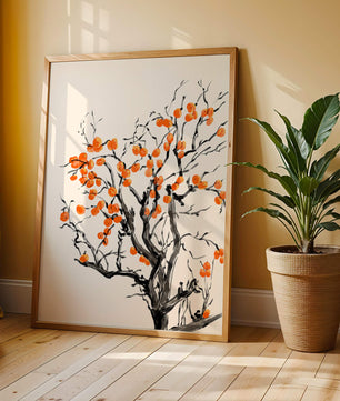 Elegant watercolor tree with vibrant orange fruit