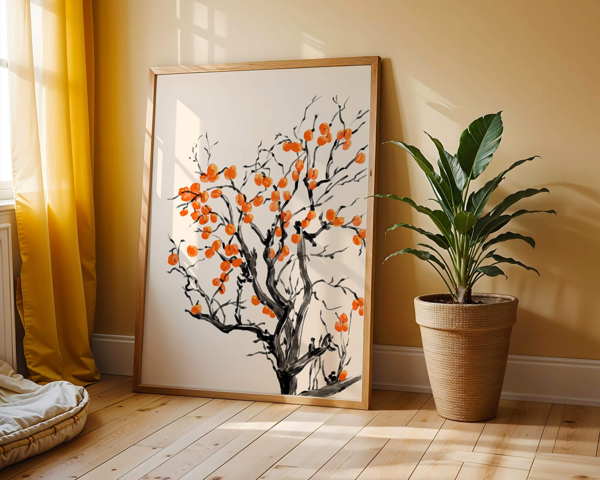 Elegant watercolor tree with vibrant orange fruit